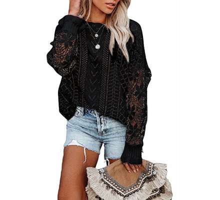 Dokotoo Womens Crewneck Crochet Lace Long Sleeve Hollow Out Cable Knit Pullover Sweaters Tops