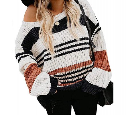 ZESICA Women Long Sleeve Crew Neck Striped Color Block Casual Loose Knitted Pullover Sweater Tops