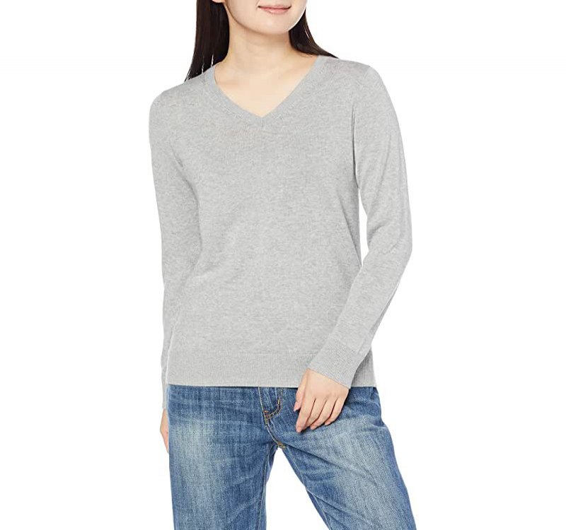 Essentials Women Lightweight Long Sleeve V Neck Sweater Light Grey Heather Medium