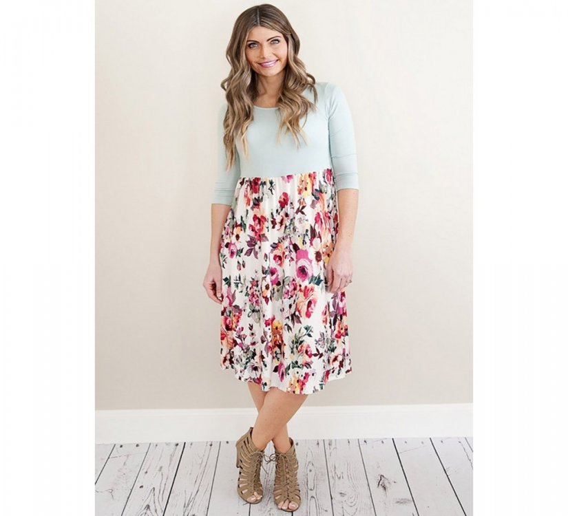 Grey Solid Bodice Floral Bottom Midi Dress - from category Midi Dresses