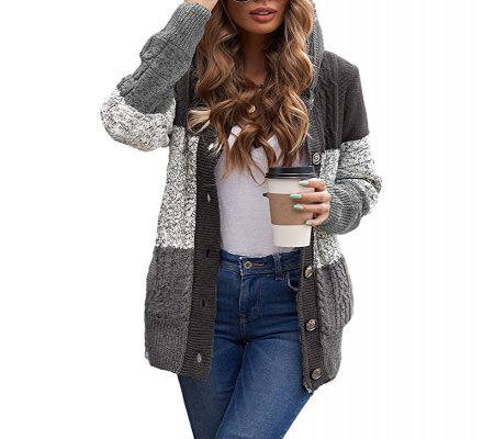 Sidefeel Women Hooded Knit Cardigans Button Cable Sweater Coat
